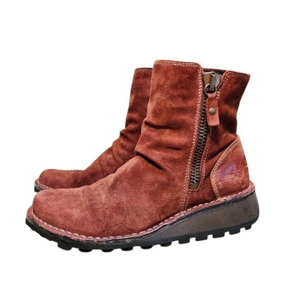 FLY London Marl Suede Distressed Boots Red Brick - Size 36 US 6 - Picture 1 of 7
